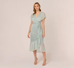 Floral Metallic Stencil Midi-Length Mermaid Dress With Capelet In Sea Glass