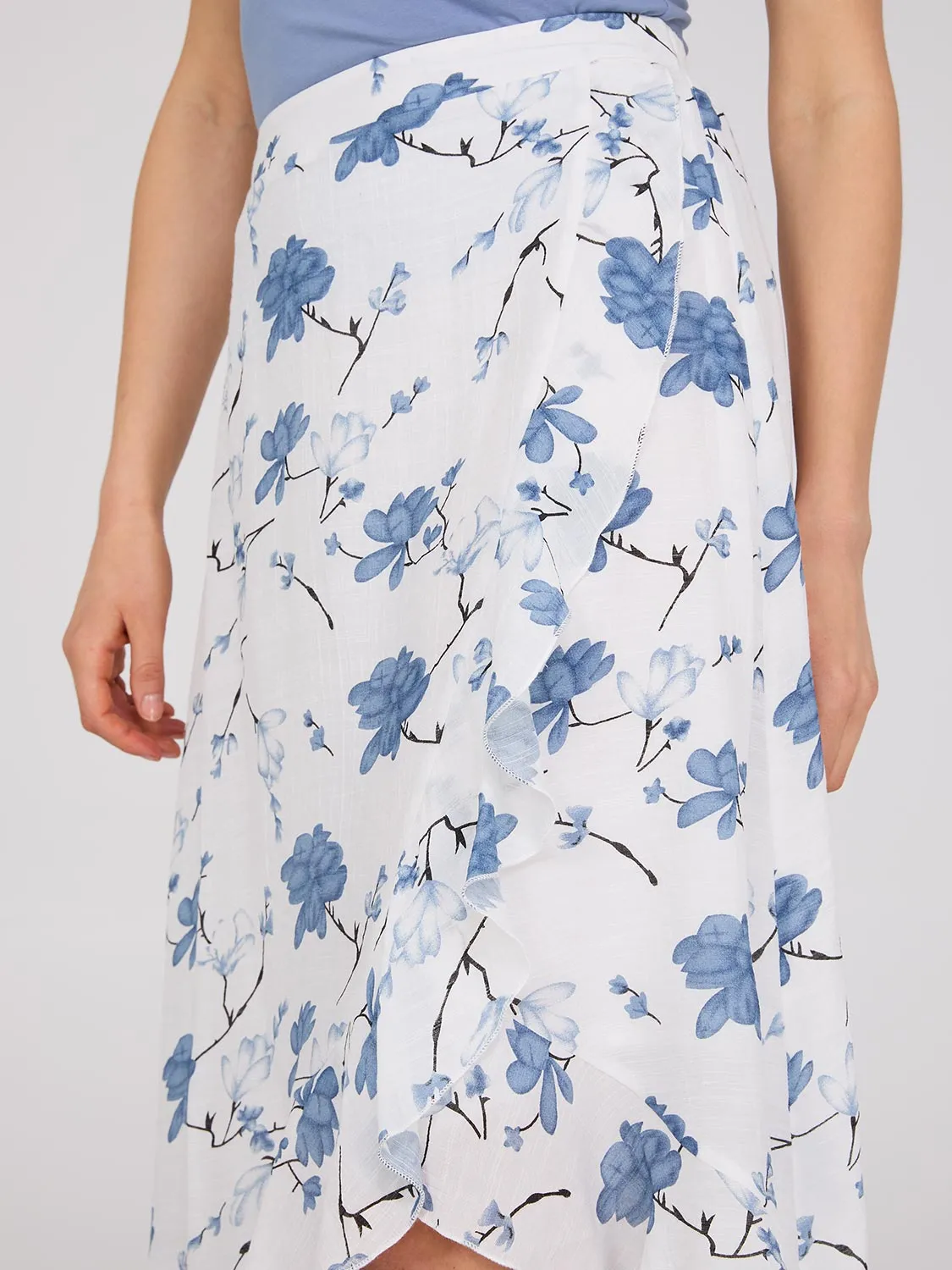 Floral Print High-Low Ruffle Midi Skirt