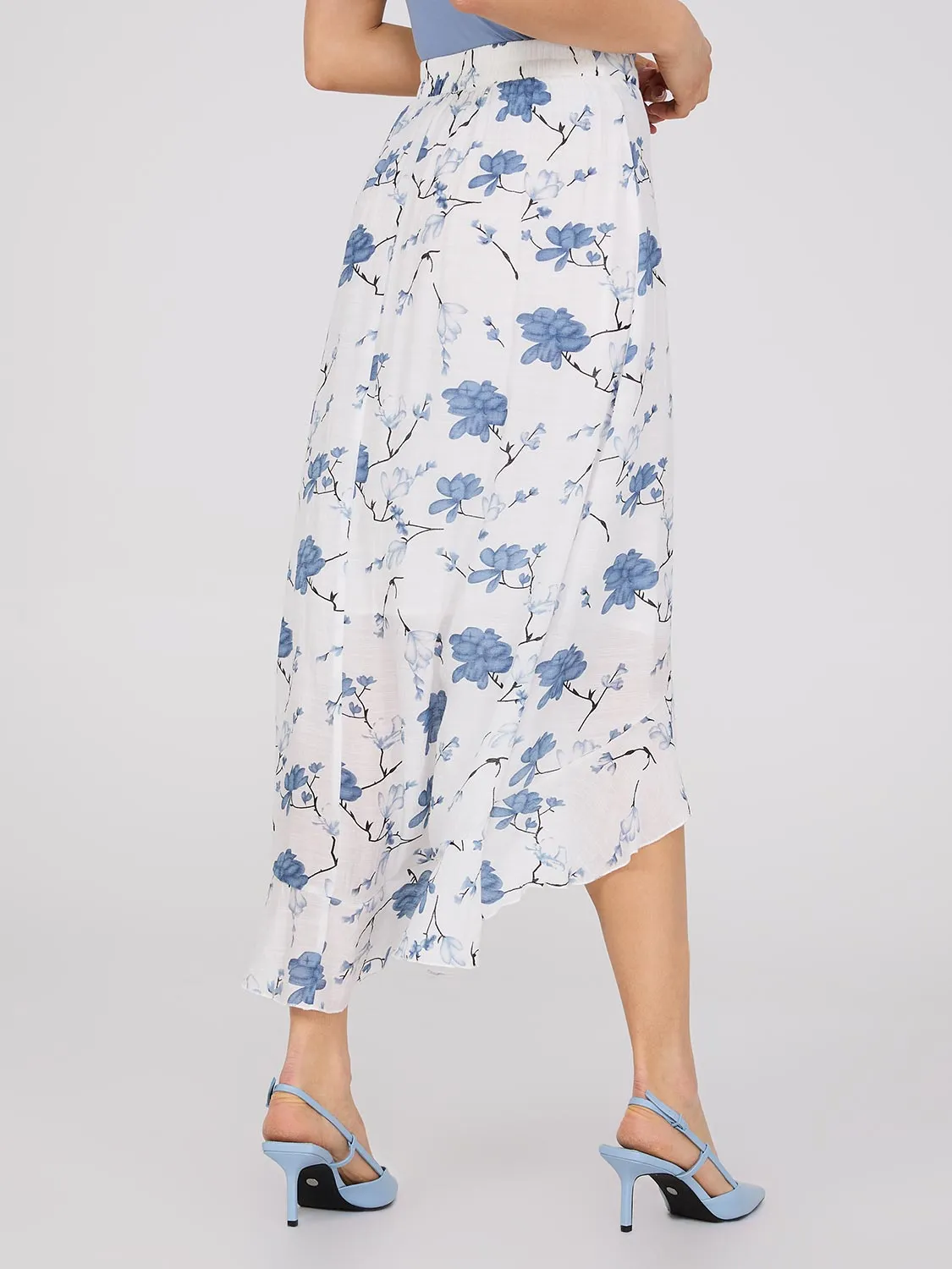 Floral Print High-Low Ruffle Midi Skirt