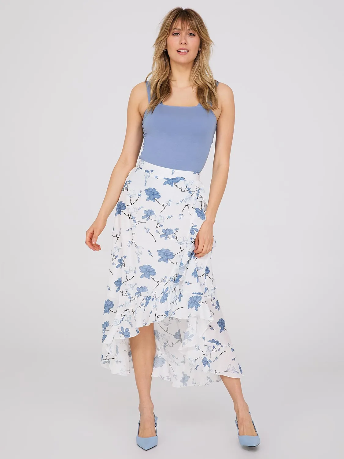 Floral Print High-Low Ruffle Midi Skirt