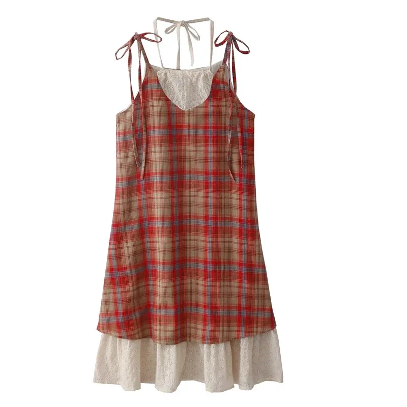 Getadme Japanese Style Vintage Beach Vacation Slip Dresses Women Embroidery Lace Patchwork Fake Two Pieces Long Dress Sweet Plaid Dress