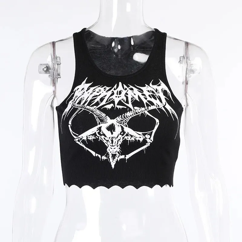 Gothic Grunge Knitted Punk Black Goat Print Crop Top