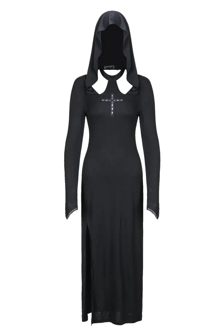 Gothic long knitted hooded dress with hollow out cross DW148