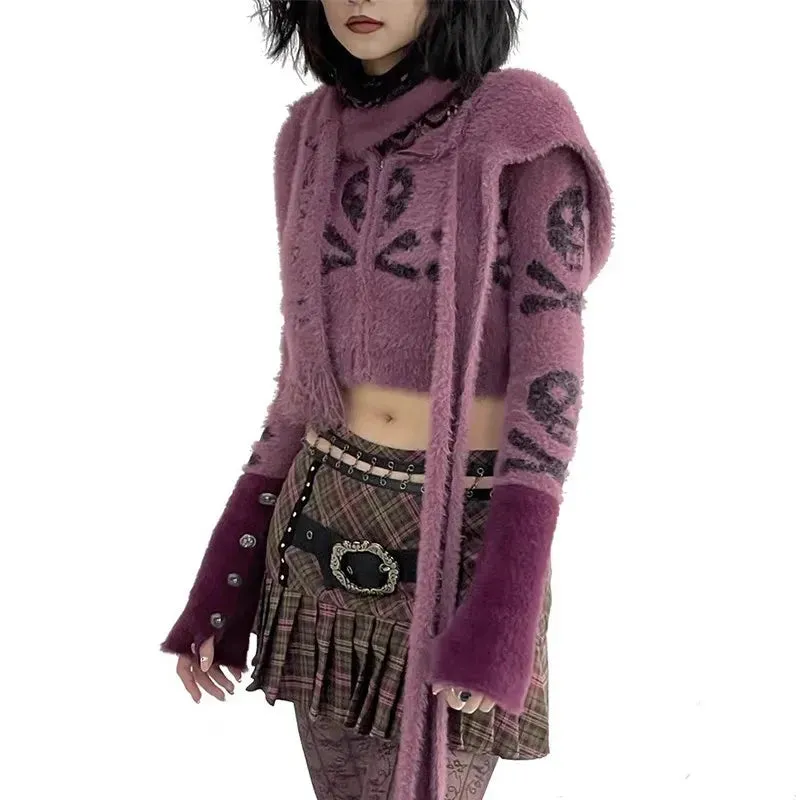 Gothic Skull Embroidery Punk Style Grunge Aesthetics Cropped Vintage Hooded Knitted Cardigan