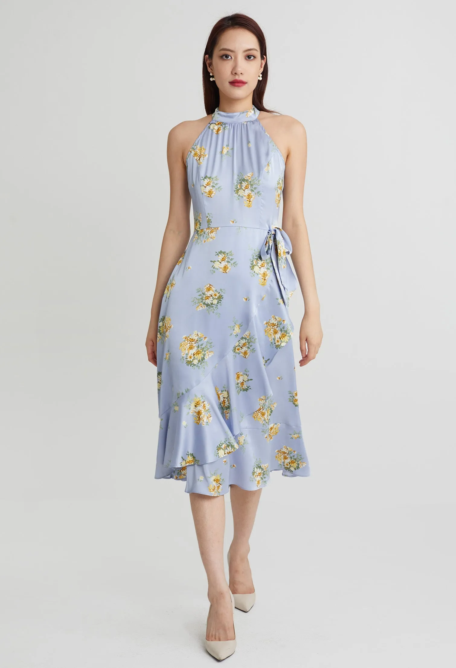 Halter Flowery Silk Ruffled Slit Dress