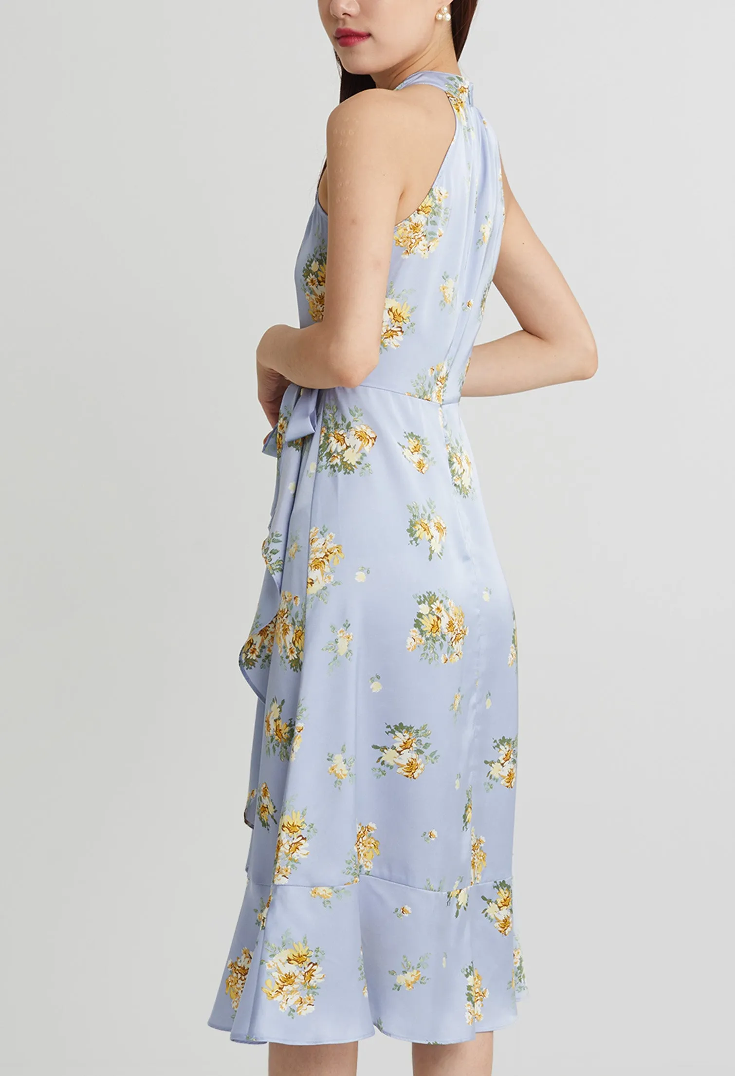 Halter Flowery Silk Ruffled Slit Dress