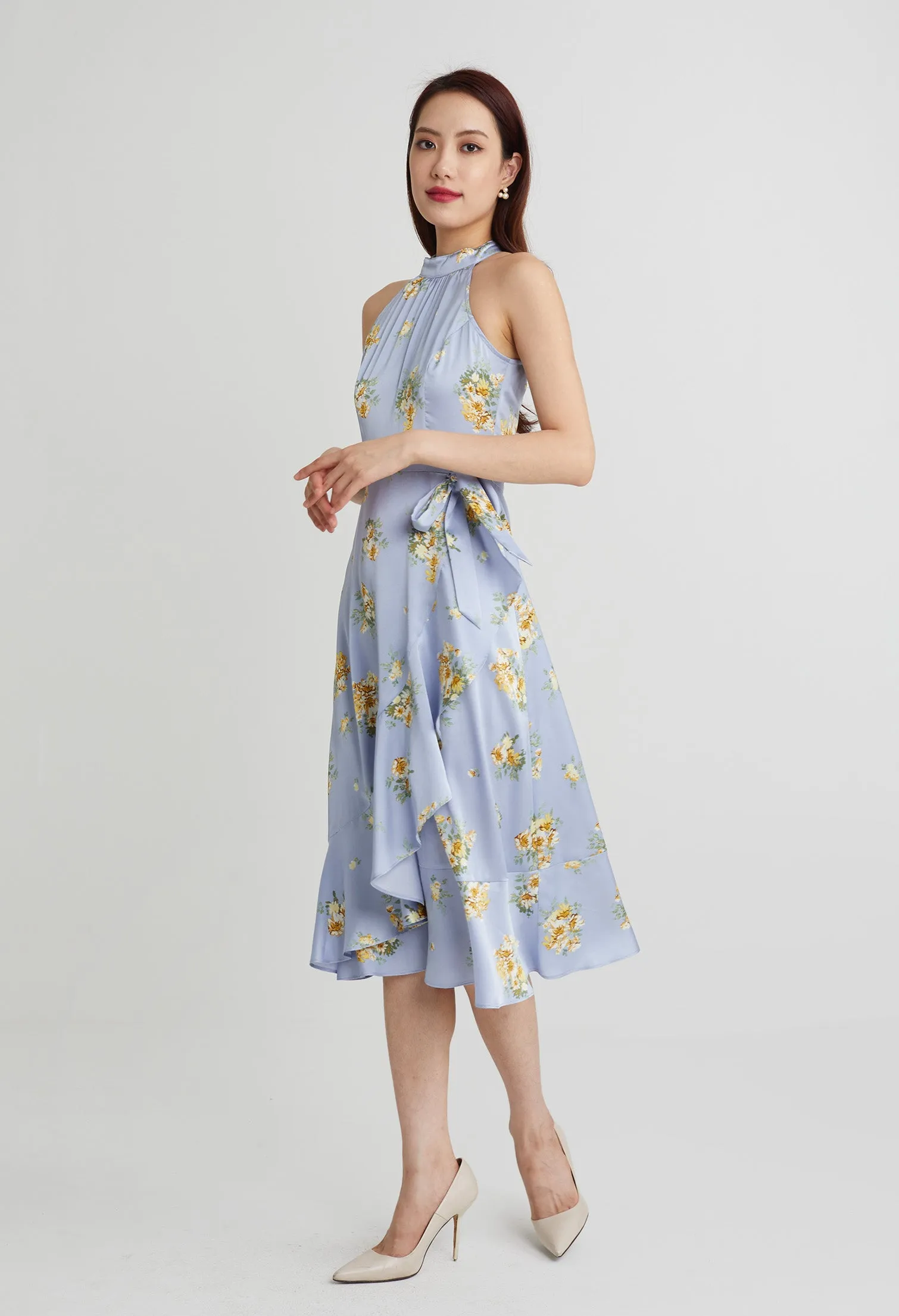 Halter Flowery Silk Ruffled Slit Dress