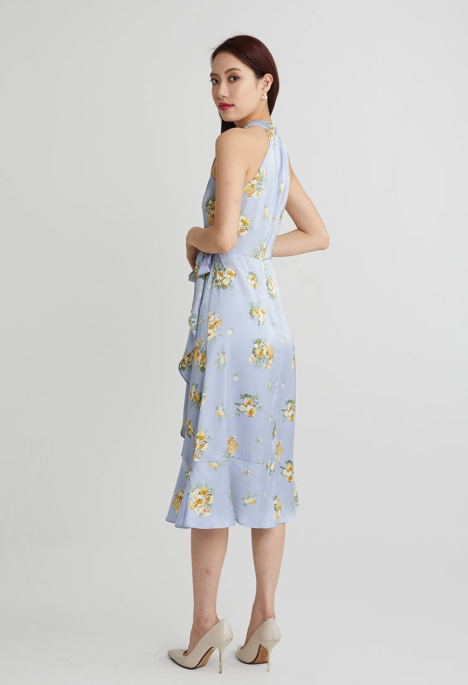 Halter Flowery Silk Ruffled Slit Dress