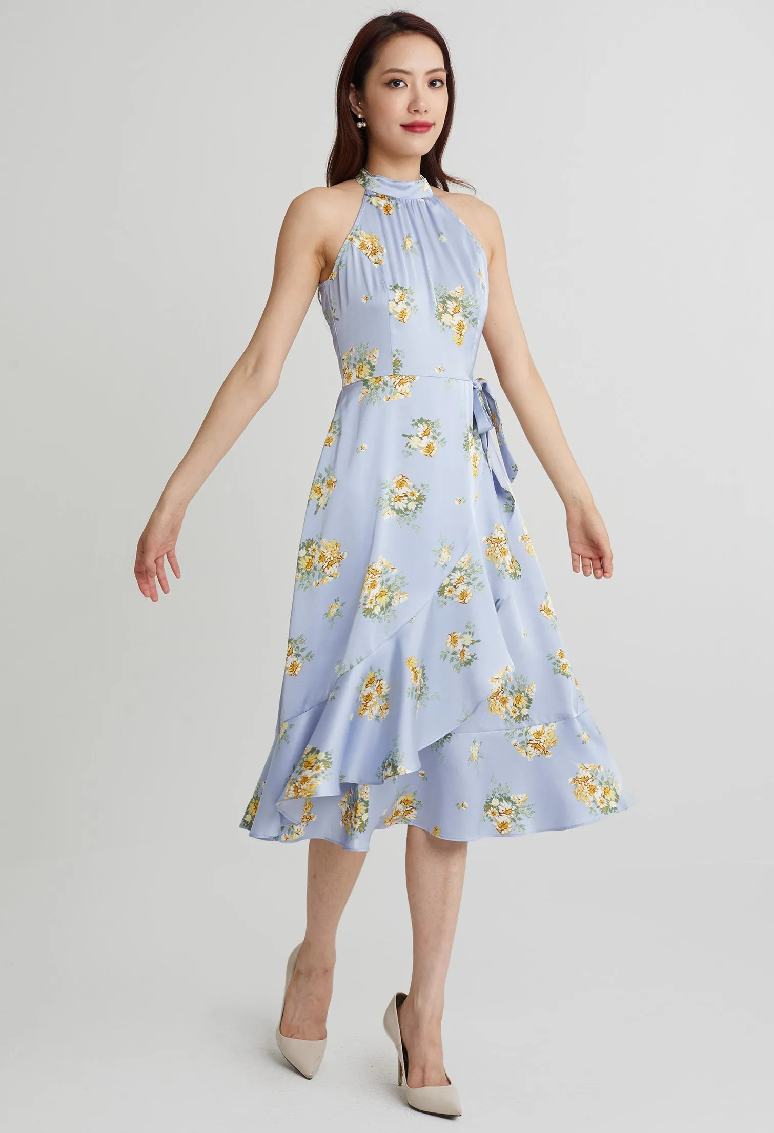 Halter Flowery Silk Ruffled Slit Dress