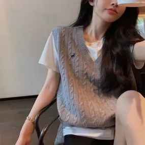 High end fashion pony embroidered cashmere knitted vest pullover tank top for women's autumn and winter V-neck sweater camisole
