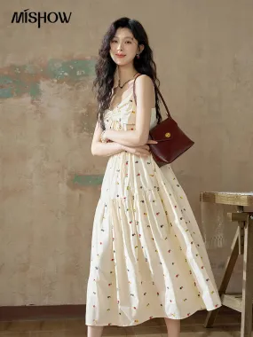 MISHOW French Dopamine Embroidered Camisole Dress Summer 2024 V-neck Adjustable Shoulder Straps Back Elasticity Dress MXD24L1906