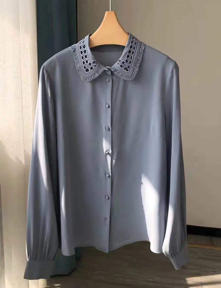 Nonothing |Luxurious silk shirt with embroidery on the collar ( 4 colors )