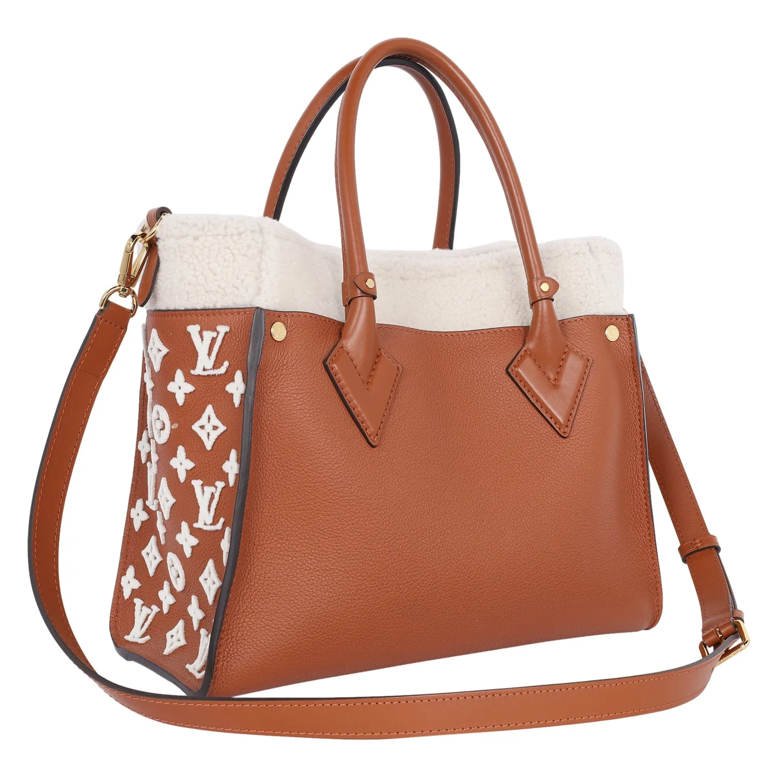 On My Side MM Leather Shearling Satchel Caramel Brown (Authentic Pre Loved)