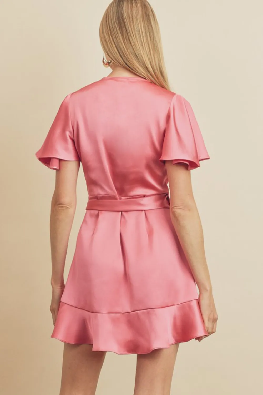 SATIN FLUTTER SLEEVE MINI DRESS | PINK
