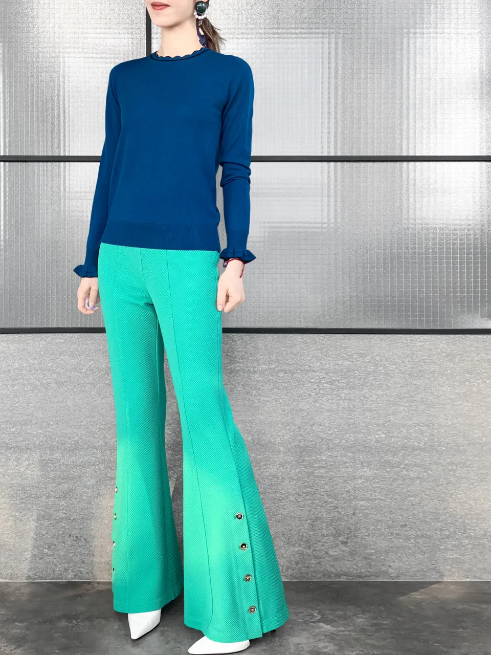 Surprise Sale! Blue Scallop Collar Contrast Trim Cashmere Wool Blend Sweater