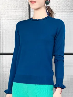 Surprise Sale! Blue Scallop Collar Contrast Trim Cashmere Wool Blend Sweater