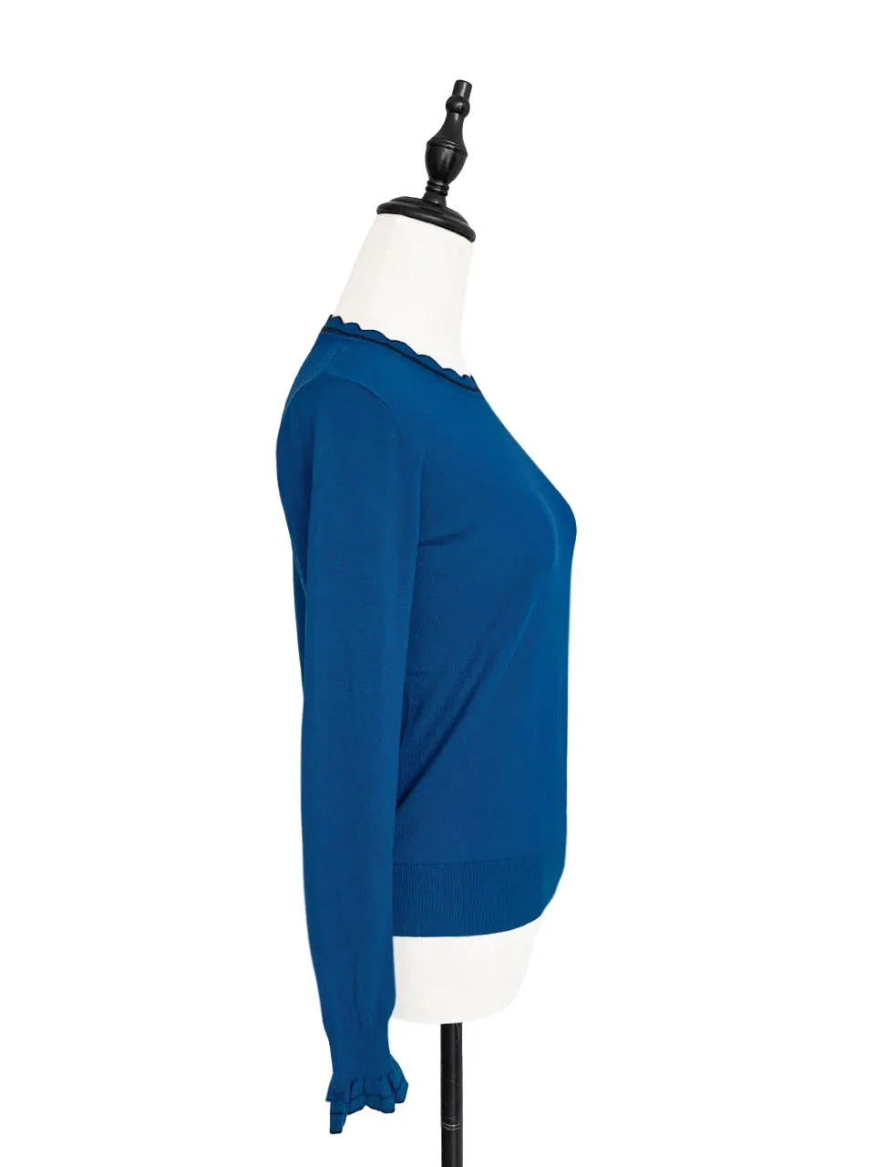 Surprise Sale! Blue Scallop Collar Contrast Trim Cashmere Wool Blend Sweater