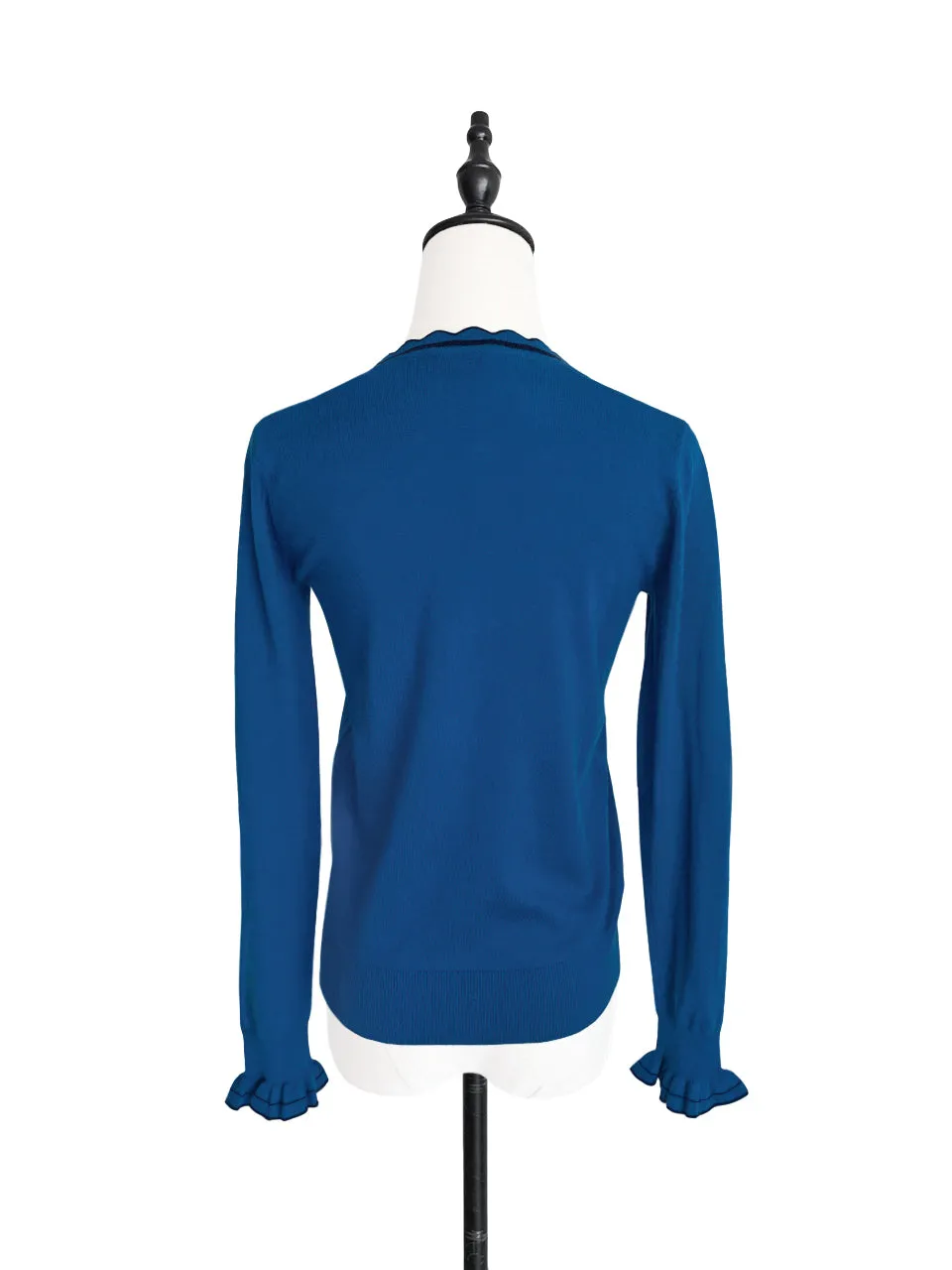Surprise Sale! Blue Scallop Collar Contrast Trim Cashmere Wool Blend Sweater