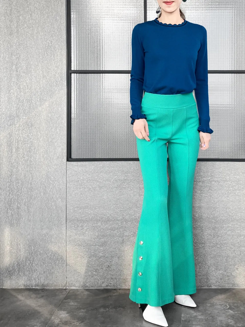 Surprise Sale! Blue Scallop Collar Contrast Trim Cashmere Wool Blend Sweater