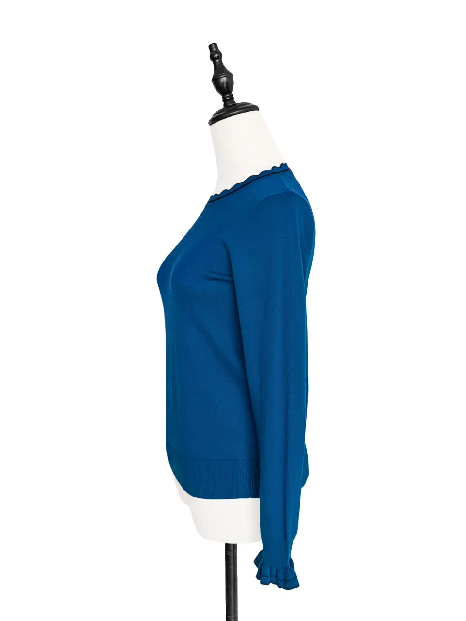 Surprise Sale! Blue Scallop Collar Contrast Trim Cashmere Wool Blend Sweater