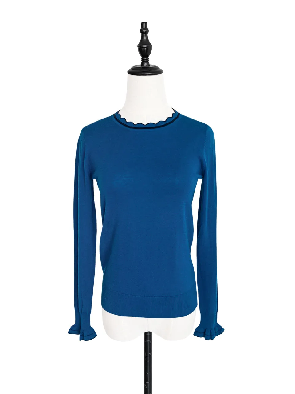 Surprise Sale! Blue Scallop Collar Contrast Trim Cashmere Wool Blend Sweater