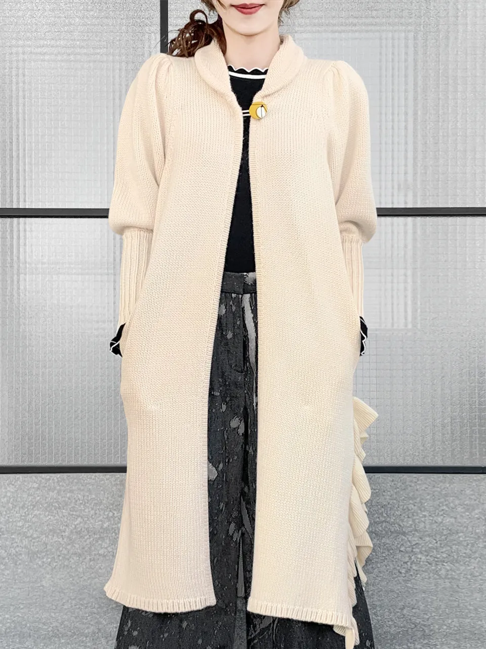 Surprise Sale! Ivory Wool & Cashmere Ruffle Slit Longline Cardigan
