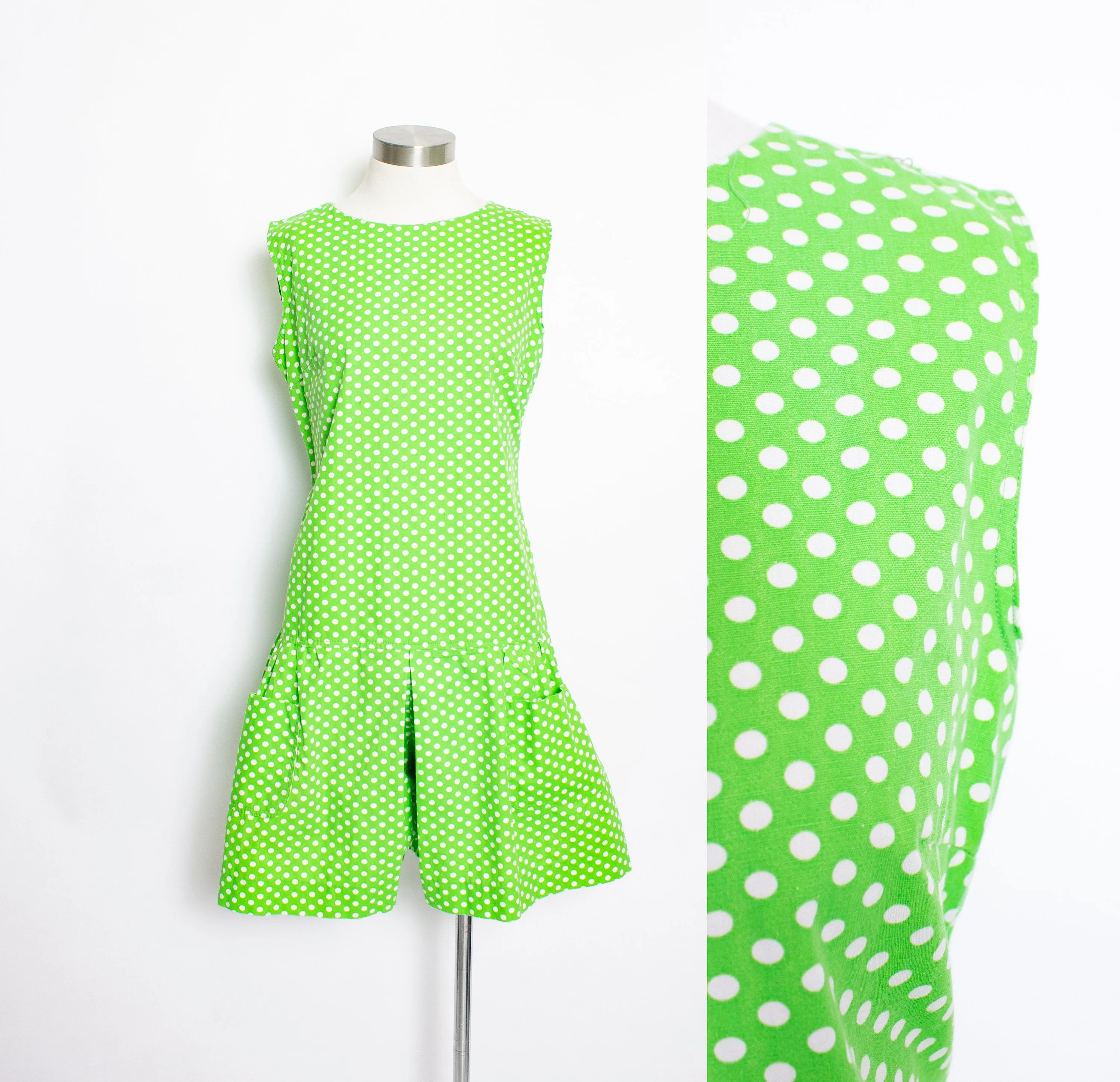 Vintage 1960s Romper Lime Green Polka Dot Mod Skort Playsuit 60s Medium M