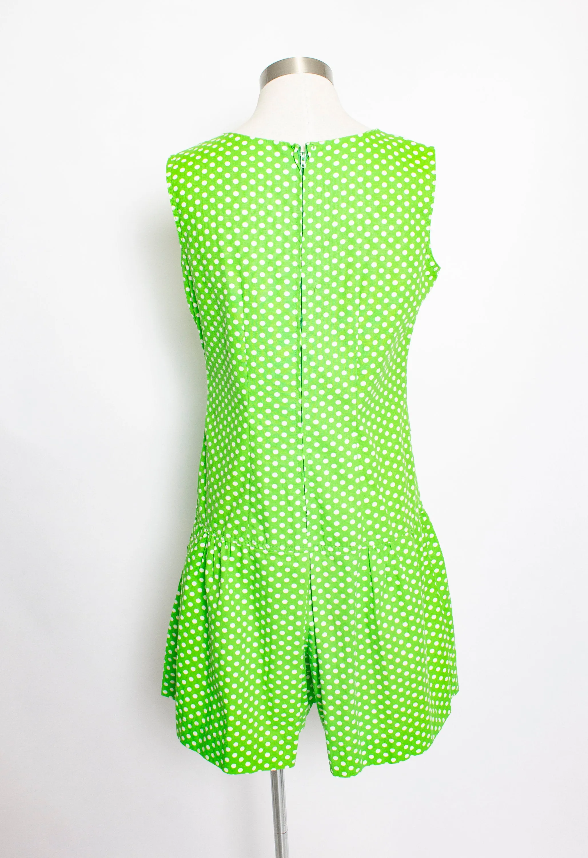 Vintage 1960s Romper Lime Green Polka Dot Mod Skort Playsuit 60s Medium M