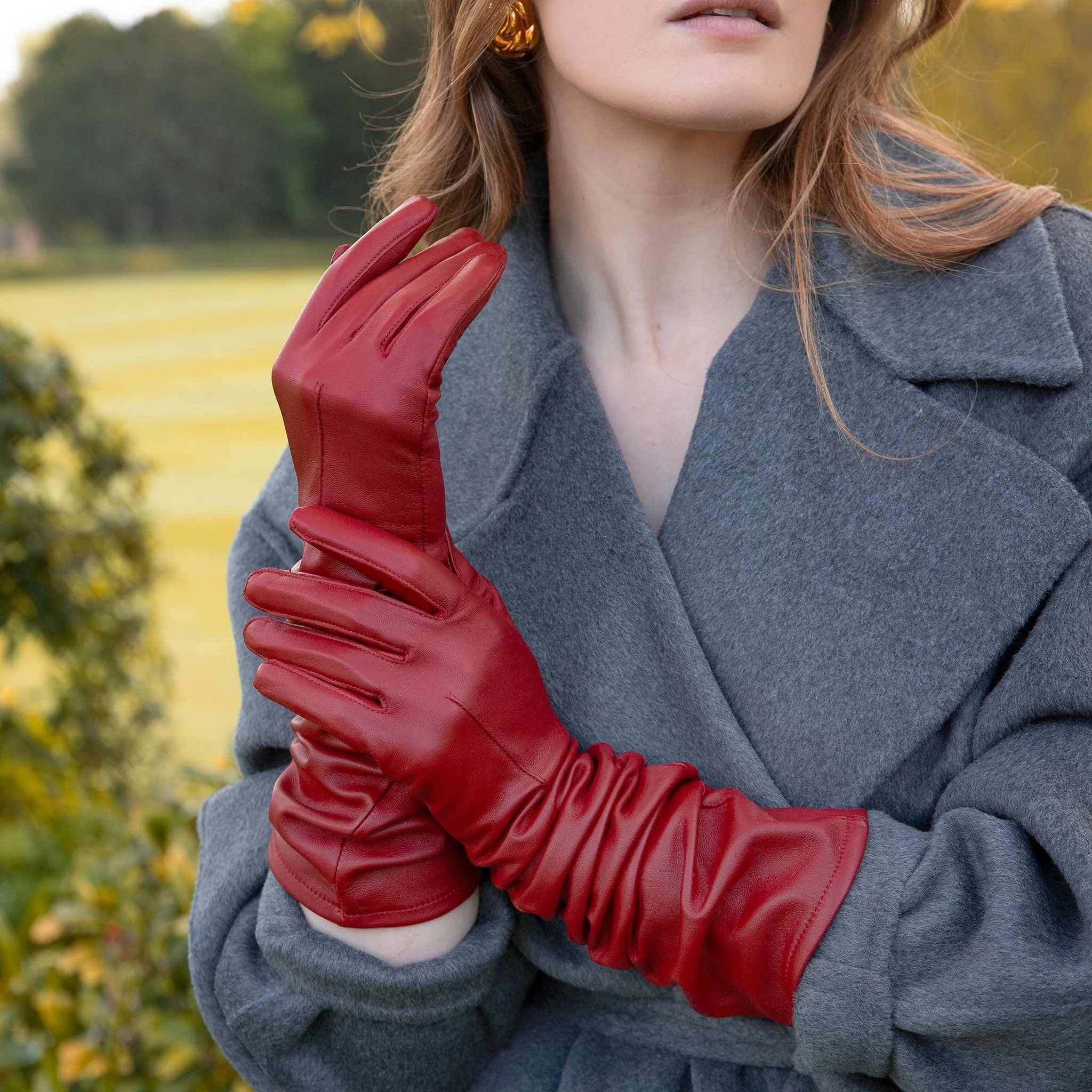 Women's Single-Point Long Above-Elbow Lined Leather Gloves