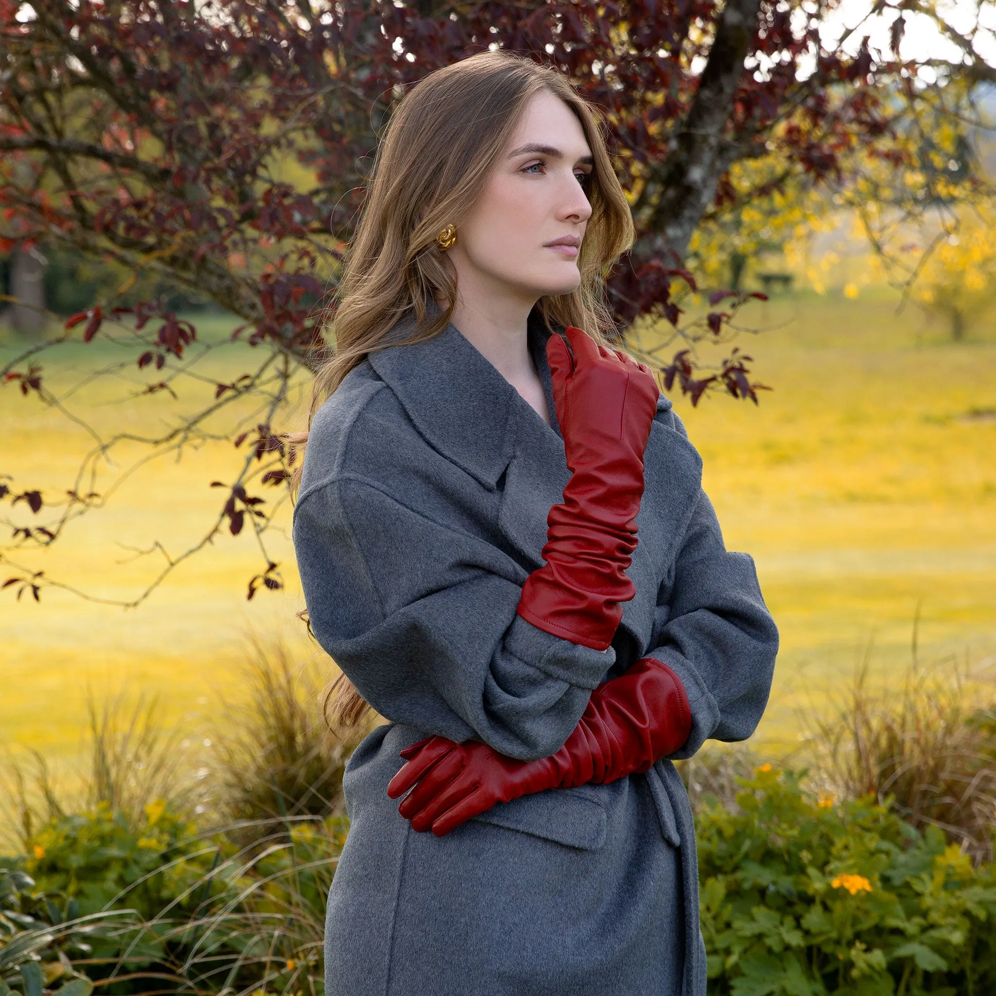 Women's Single-Point Long Above-Elbow Lined Leather Gloves