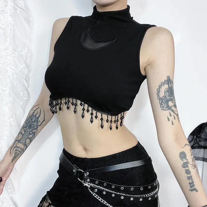 Y2K Goth Moon Lace See Through Vintage Sexy High Collar Sleeveless Tassels Crop Top