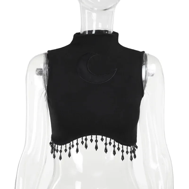Y2K Goth Moon Lace See Through Vintage Sexy High Collar Sleeveless Tassels Crop Top