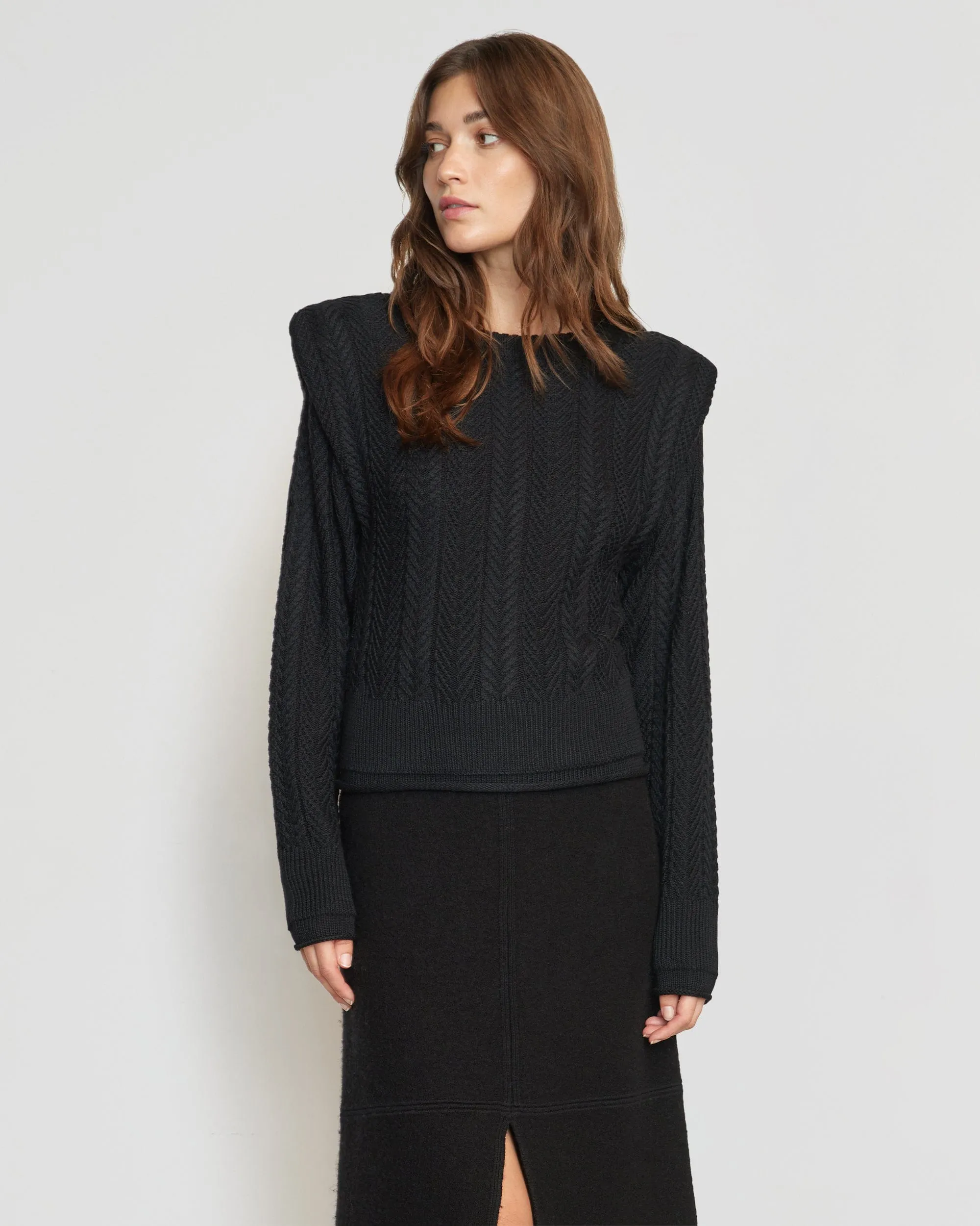 Ziren Cuffed-Shoulder Cable Knit Sweater