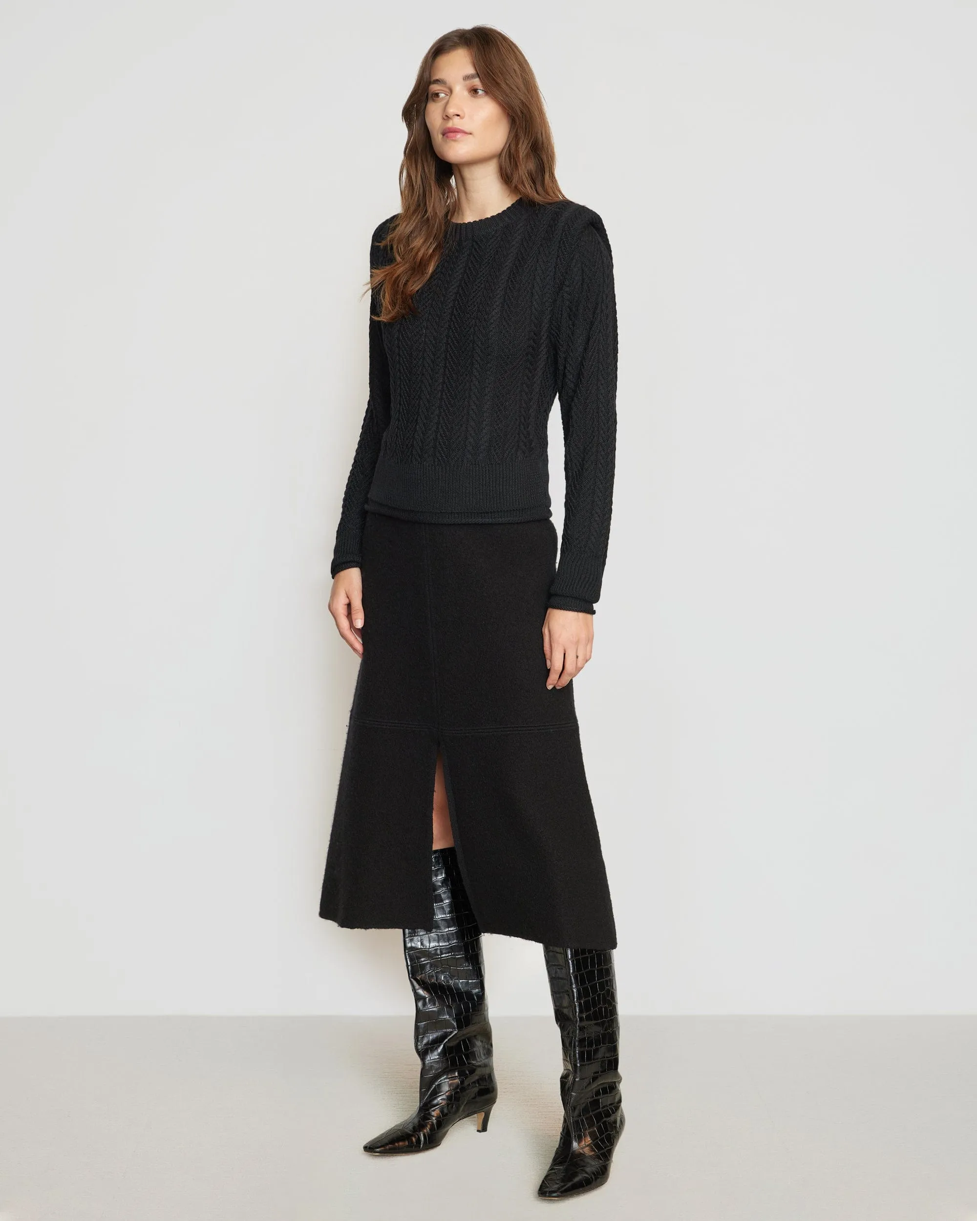 Ziren Cuffed-Shoulder Cable Knit Sweater