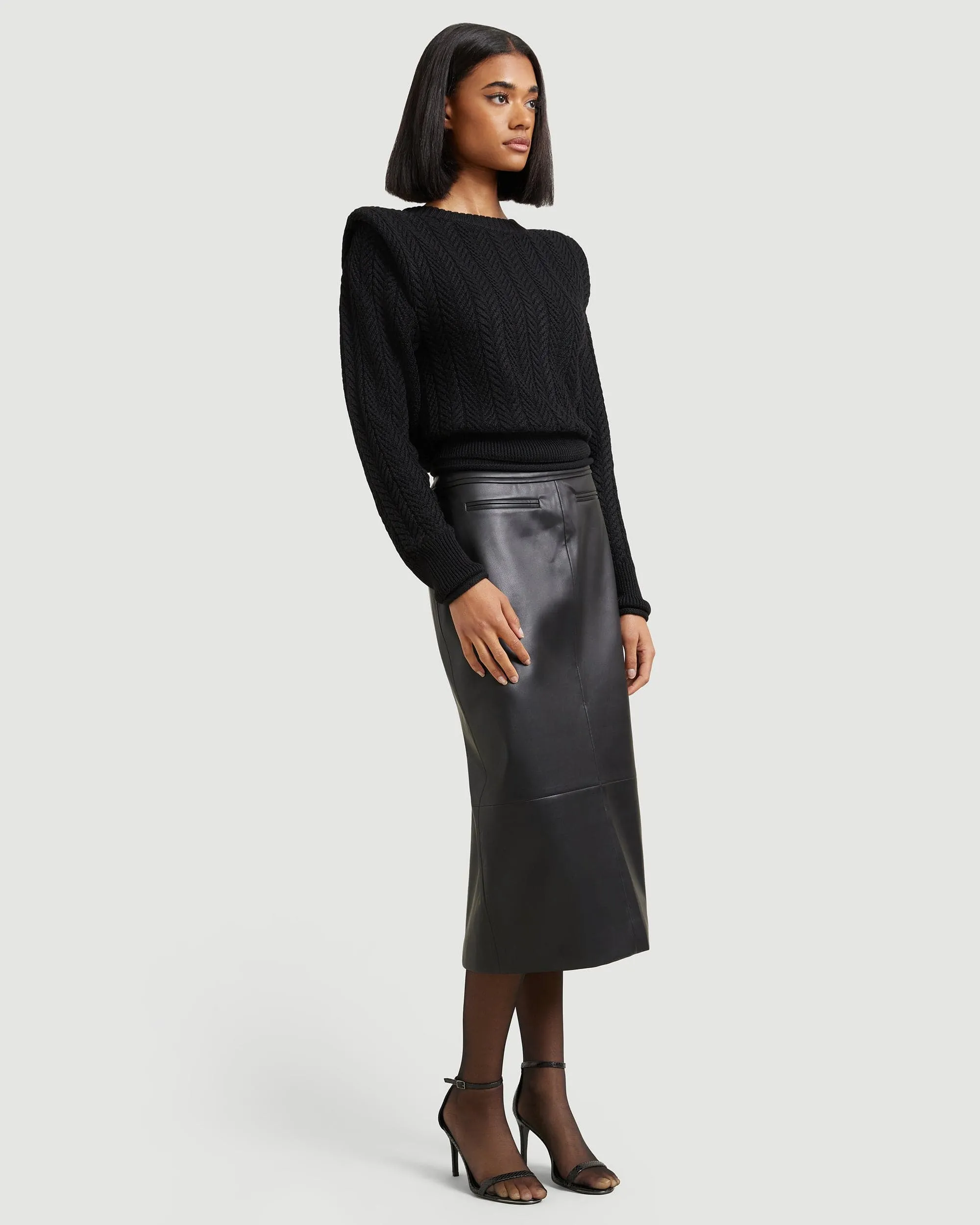 Ziren Cuffed-Shoulder Cable Knit Sweater